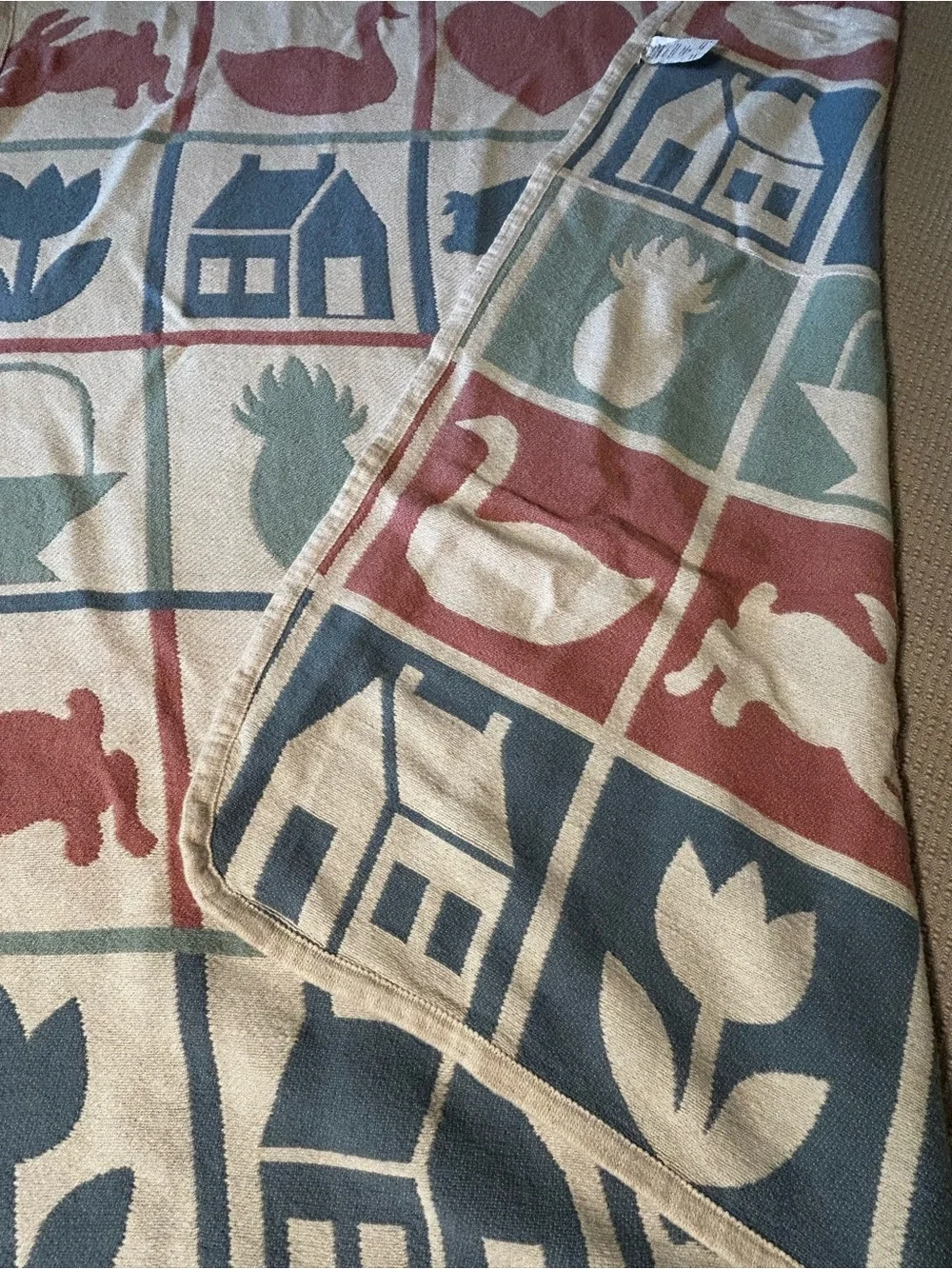 Vintage Crown Crafts Country Silhouettes Throw Blanket Geese Cats Cottage Cotton